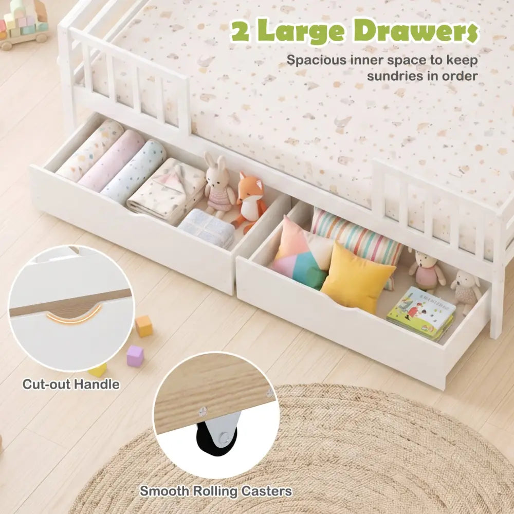 Full Size Daybed with Fence and 2 Drawers for Boys and Girls-White - White - Trundle Bed Frame