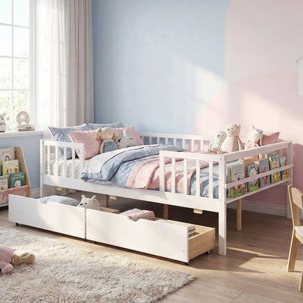 Full Size Daybed with Fence and 2 Drawers for Boys and Girls-White - White - Trundle Bed Frame