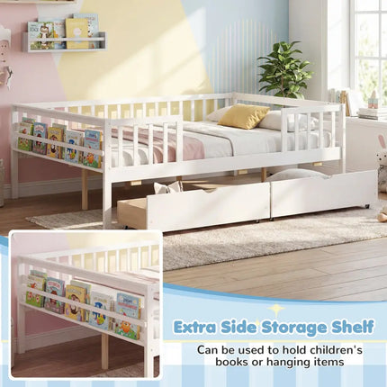 Full Size Daybed with Fence and 2 Drawers for Boys and Girls-White - White - Trundle Bed Frame