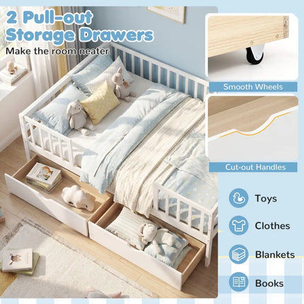 Full Size Daybed with Fence and 2 Drawers for Boys and Girls-White - White - Trundle Bed Frame