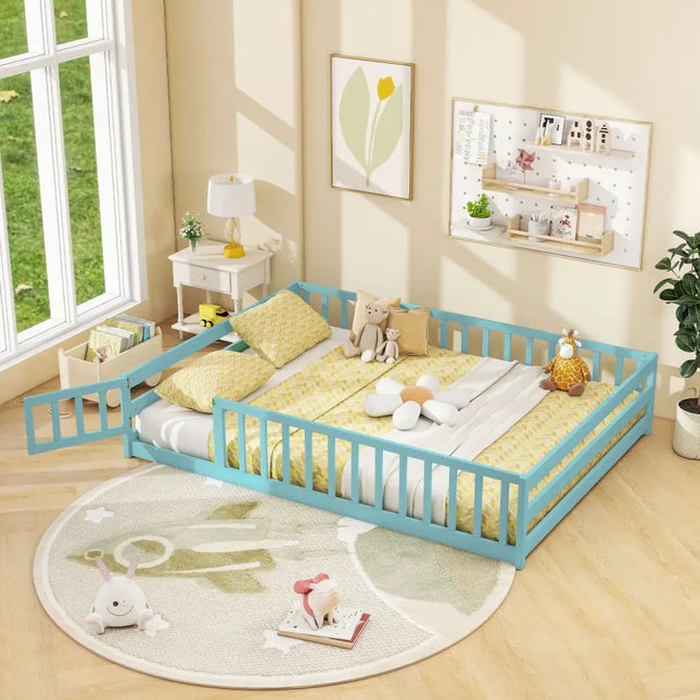 Full Size Floor Bed with Full Length Safety Guardrails-Dark Green - Dark Green - Toddler Beds