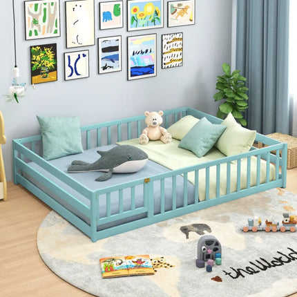 Full Size Floor Bed with Full Length Safety Guardrails-Dark Green - Dark Green - Toddler Beds