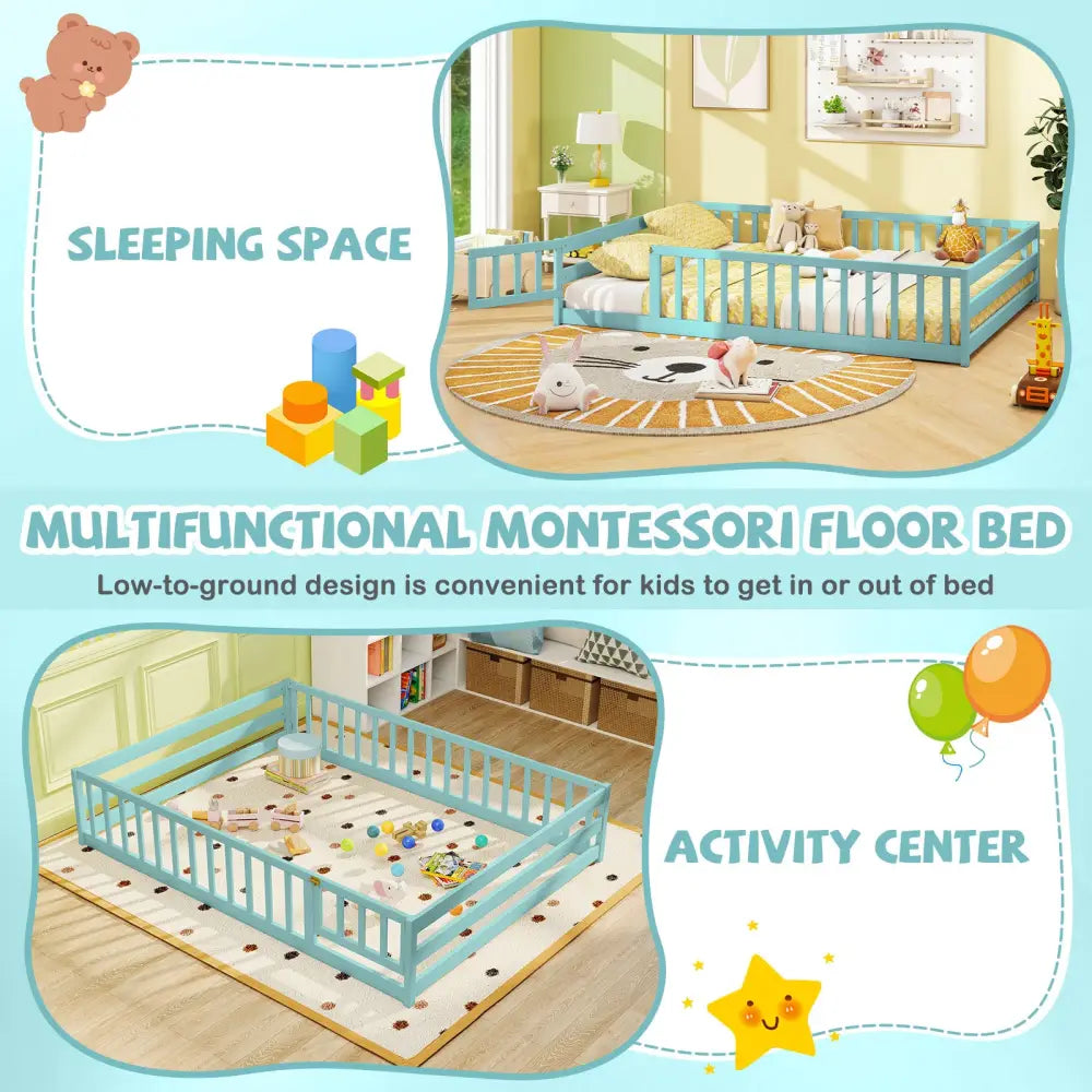 Full Size Floor Bed with Full Length Safety Guardrails-Dark Green - Dark Green - Toddler Beds
