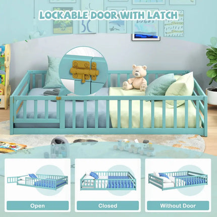 Full Size Floor Bed with Full Length Safety Guardrails-Dark Green - Dark Green - Toddler Beds