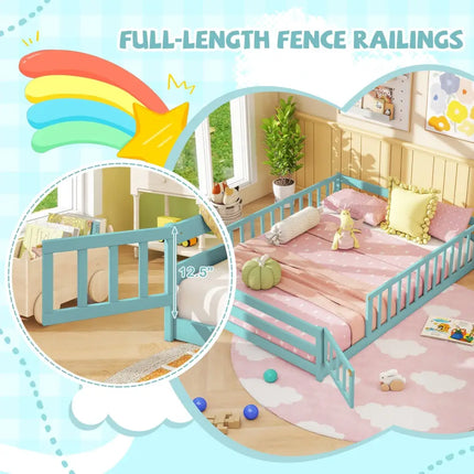 Full Size Floor Bed with Full Length Safety Guardrails-Dark Green - Dark Green - Toddler Beds