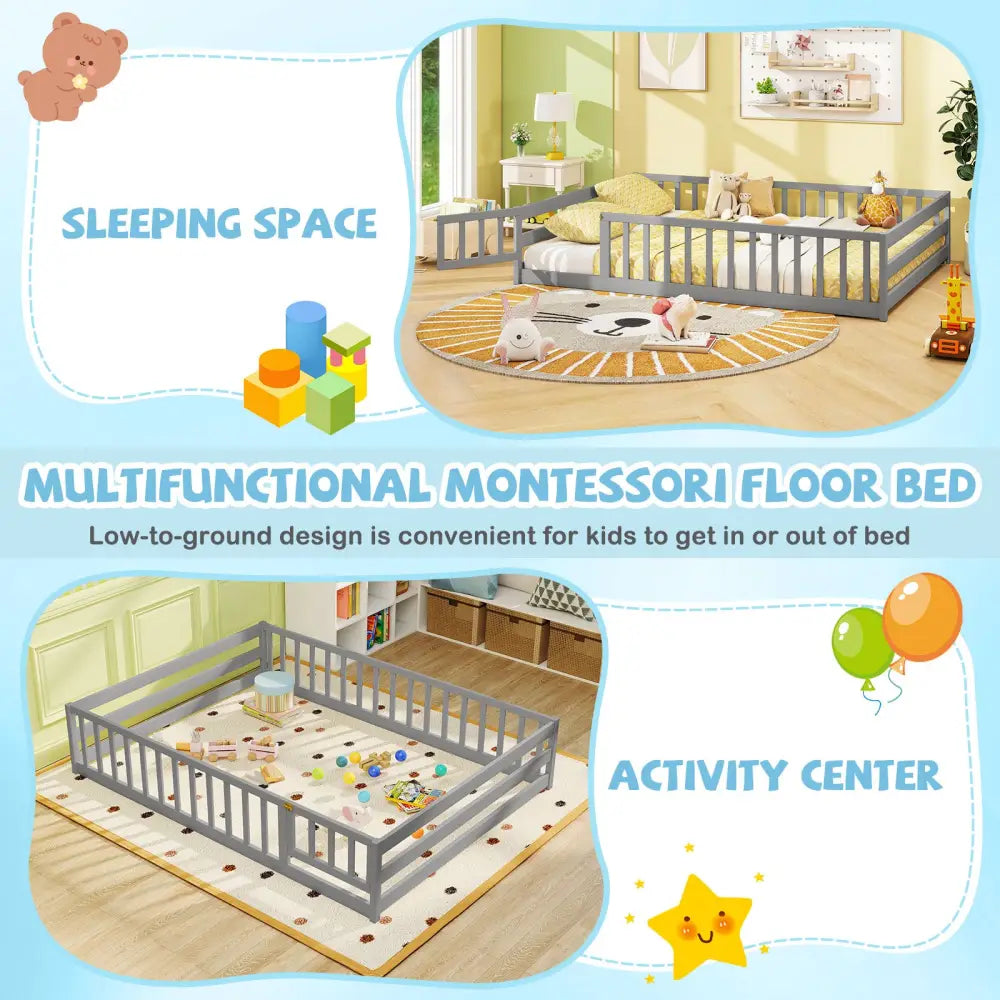 Full Size Floor Bed with Full Length Safety Guardrails-Gray - Gray - Toddler Beds