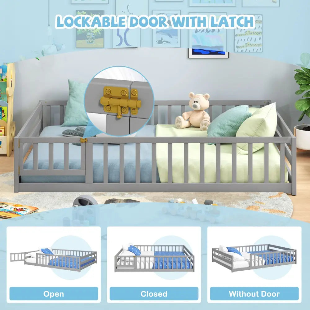 Full Size Floor Bed with Full Length Safety Guardrails-Gray - Gray - Toddler Beds