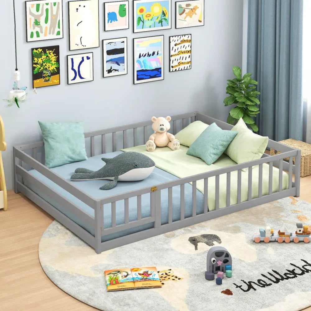Full Size Floor Bed with Full Length Safety Guardrails-Gray - Gray - Toddler Beds