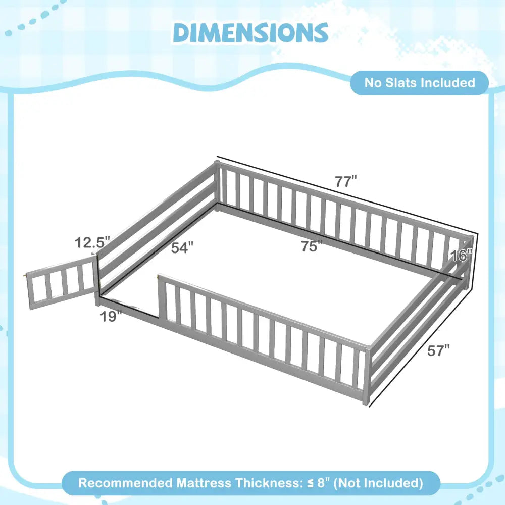Full Size Floor Bed with Full Length Safety Guardrails-Gray - Gray - Toddler Beds