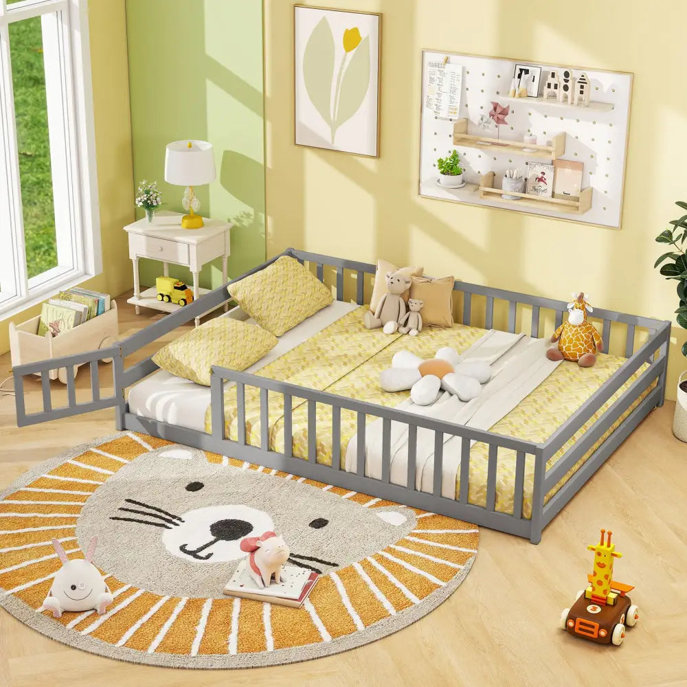 Full Size Floor Bed with Full Length Safety Guardrails-Gray - Gray - Toddler Beds