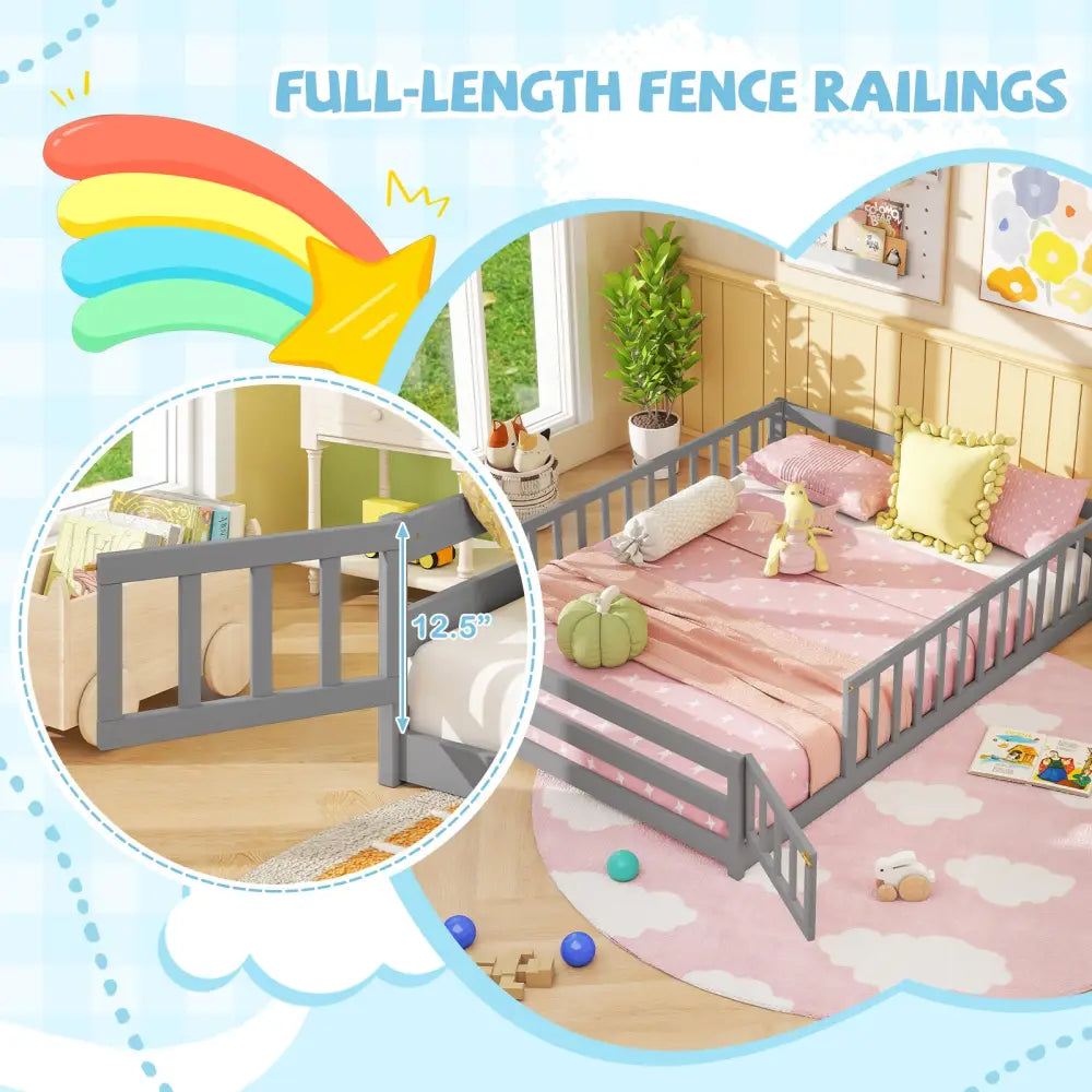 Full Size Floor Bed with Full Length Safety Guardrails-Gray - Gray - Toddler Beds