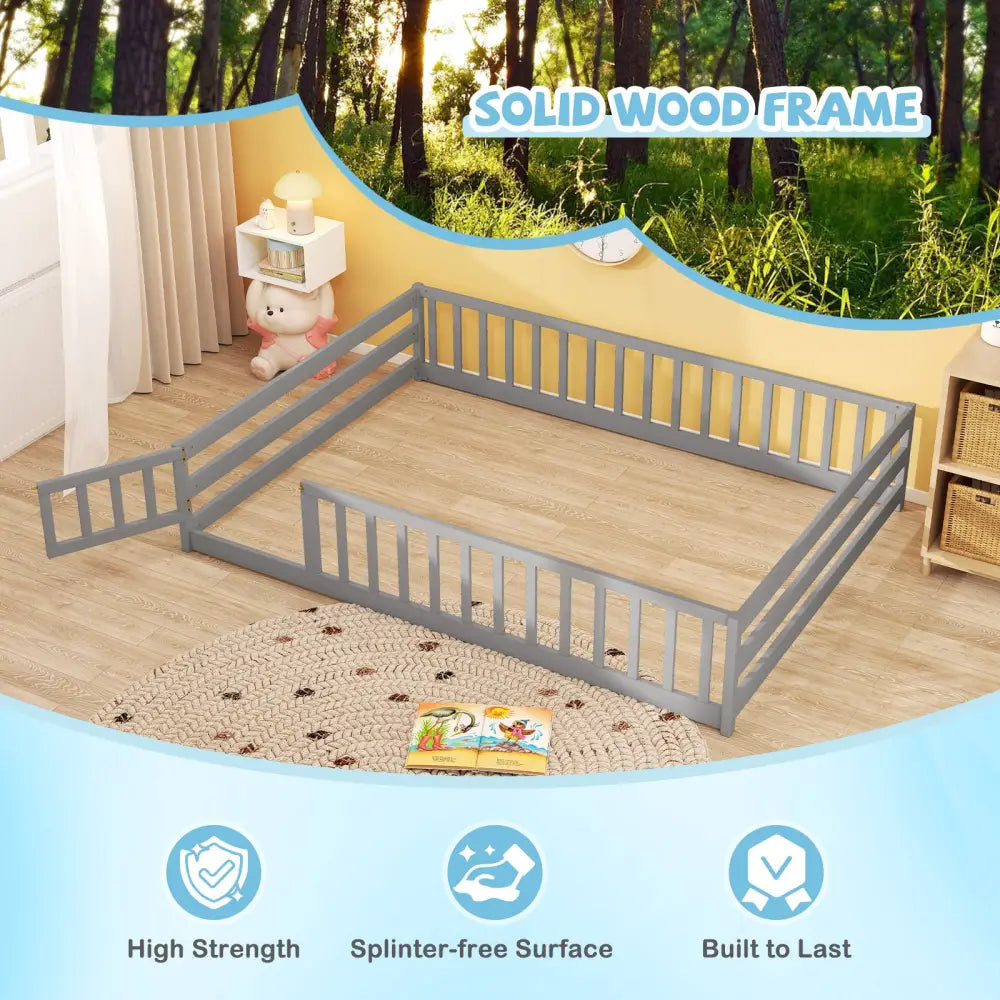 Full Size Floor Bed with Full Length Safety Guardrails-Gray - Gray - Toddler Beds