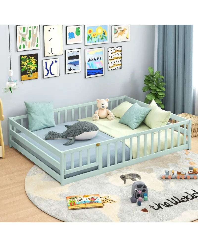 Full Size Floor Bed with Full Length Safety Guardrails-Light Green - Light Green - Toddler Beds