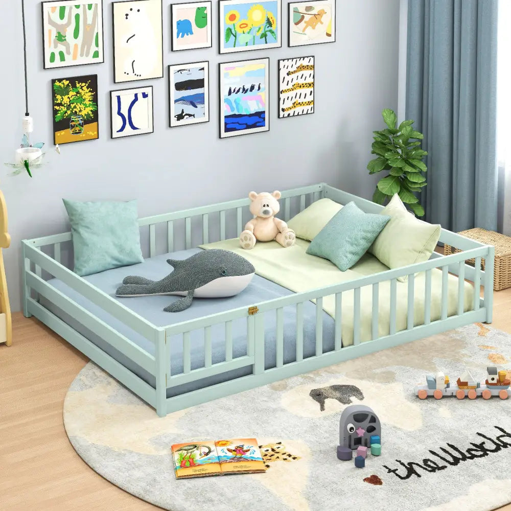 Full Size Floor Bed with Full Length Safety Guardrails-Light Green - Light Green - Toddler Beds