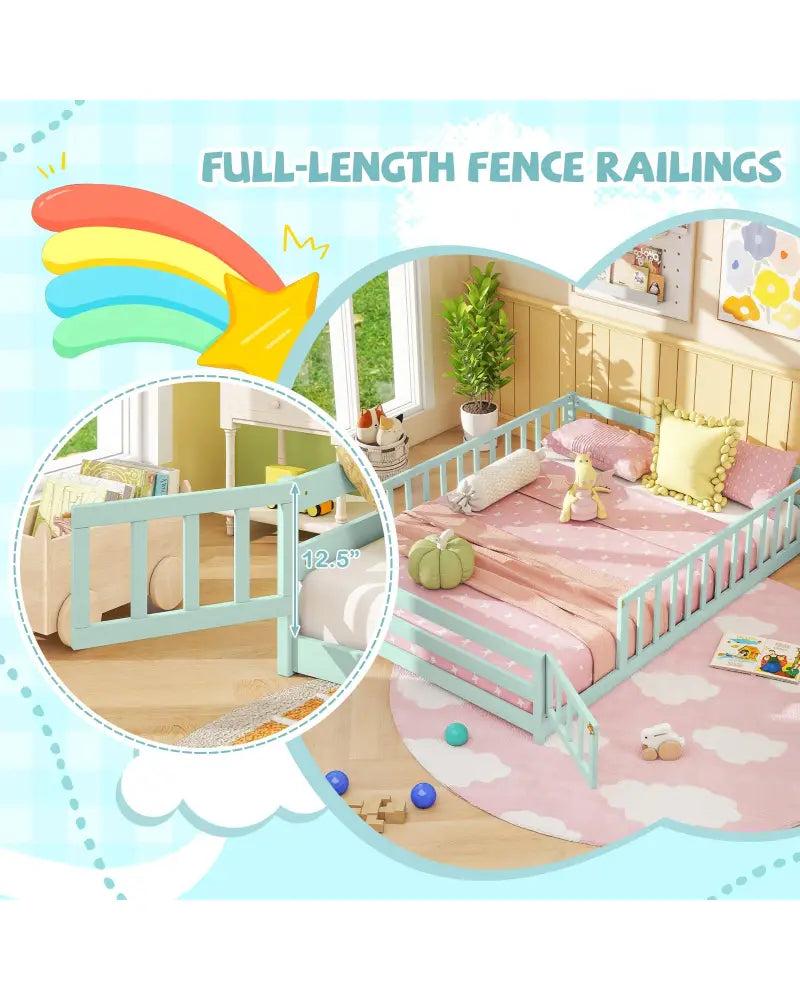 Full Size Floor Bed with Full Length Safety Guardrails-Light Green - Light Green - Toddler Beds
