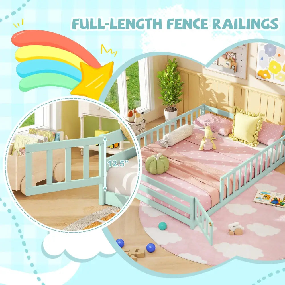 Full Size Floor Bed with Full Length Safety Guardrails-Light Green - Light Green - Toddler Beds