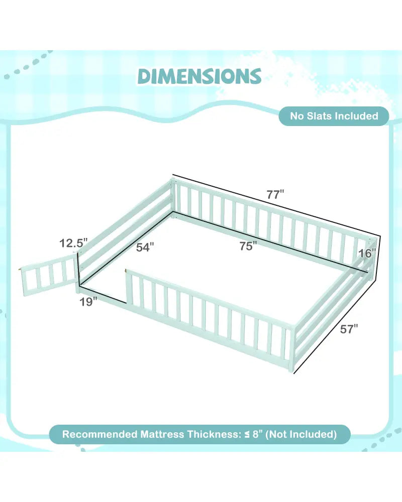 Full Size Floor Bed with Full Length Safety Guardrails-Light Green - Light Green - Toddler Beds
