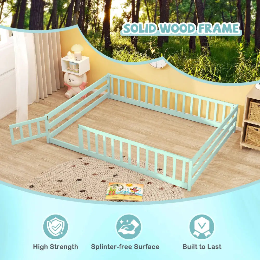 Full Size Floor Bed with Full Length Safety Guardrails-Light Green - Light Green - Toddler Beds