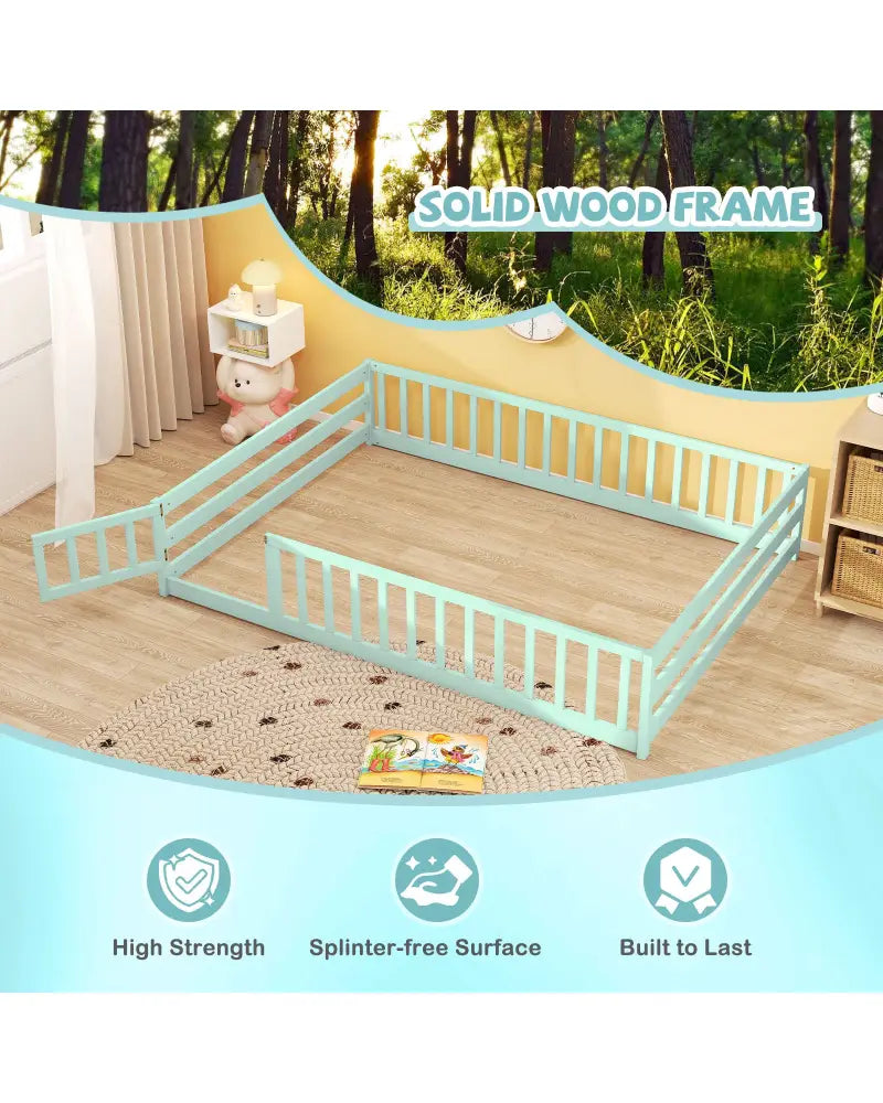 Full Size Floor Bed with Full Length Safety Guardrails-Light Green - Light Green - Toddler Beds