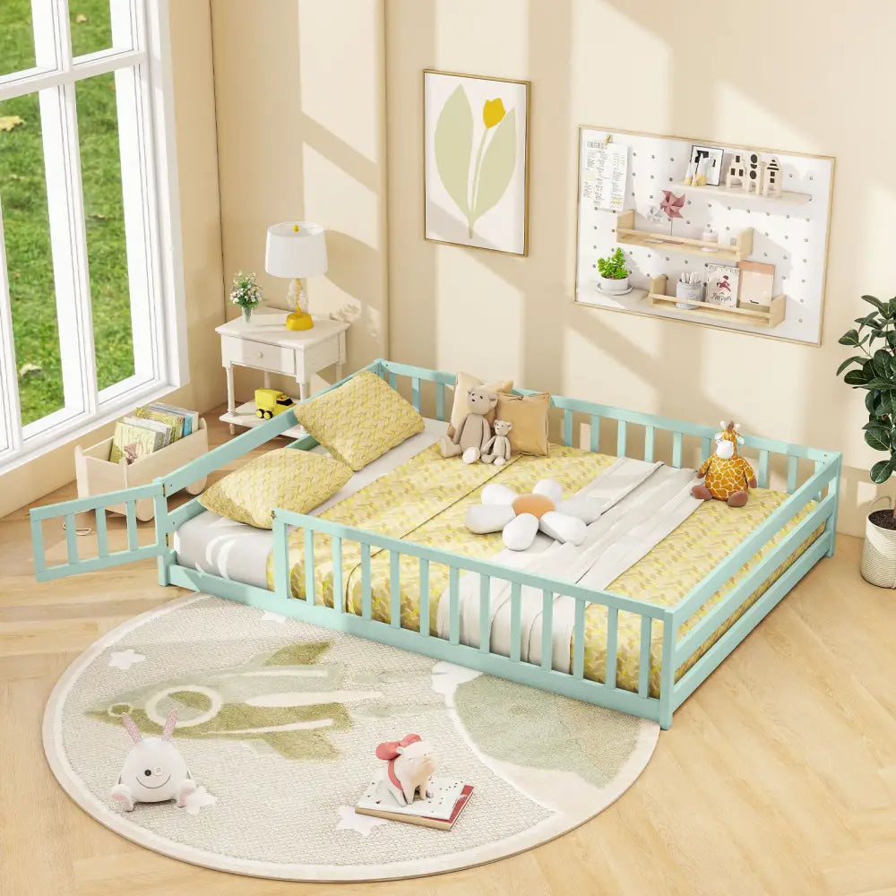 Full Size Floor Bed with Full Length Safety Guardrails-Light Green - Light Green - Toddler Beds