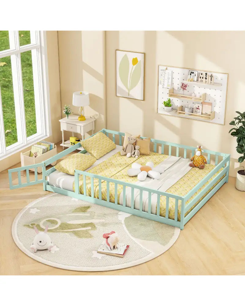 Full Size Floor Bed with Full Length Safety Guardrails-Light Green - Light Green - Toddler Beds