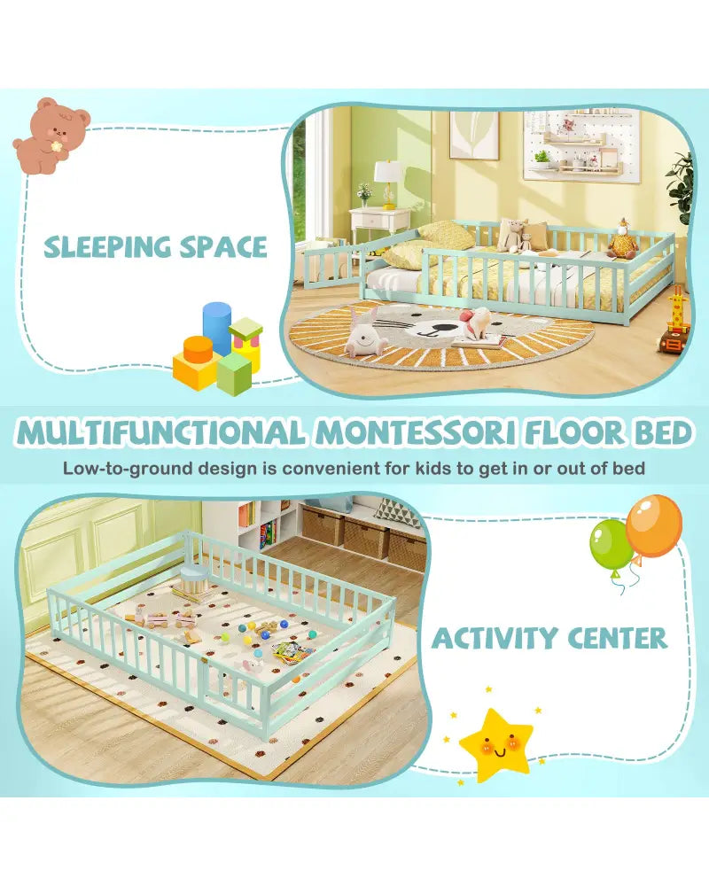 Full Size Floor Bed with Full Length Safety Guardrails-Light Green - Light Green - Toddler Beds