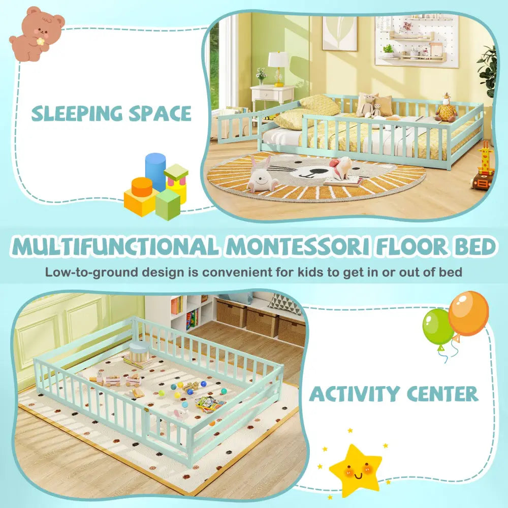 Full Size Floor Bed with Full Length Safety Guardrails-Light Green - Light Green - Toddler Beds