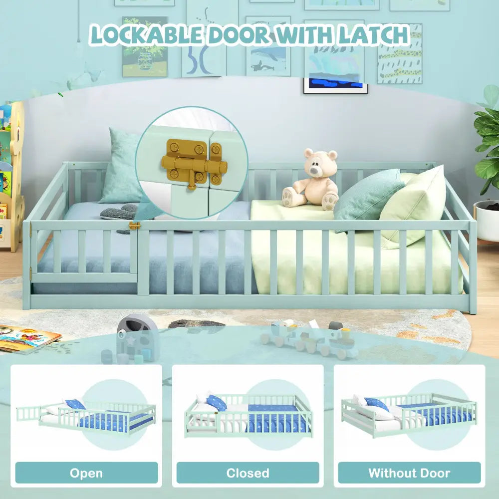 Full Size Floor Bed with Full Length Safety Guardrails-Light Green - Light Green - Toddler Beds