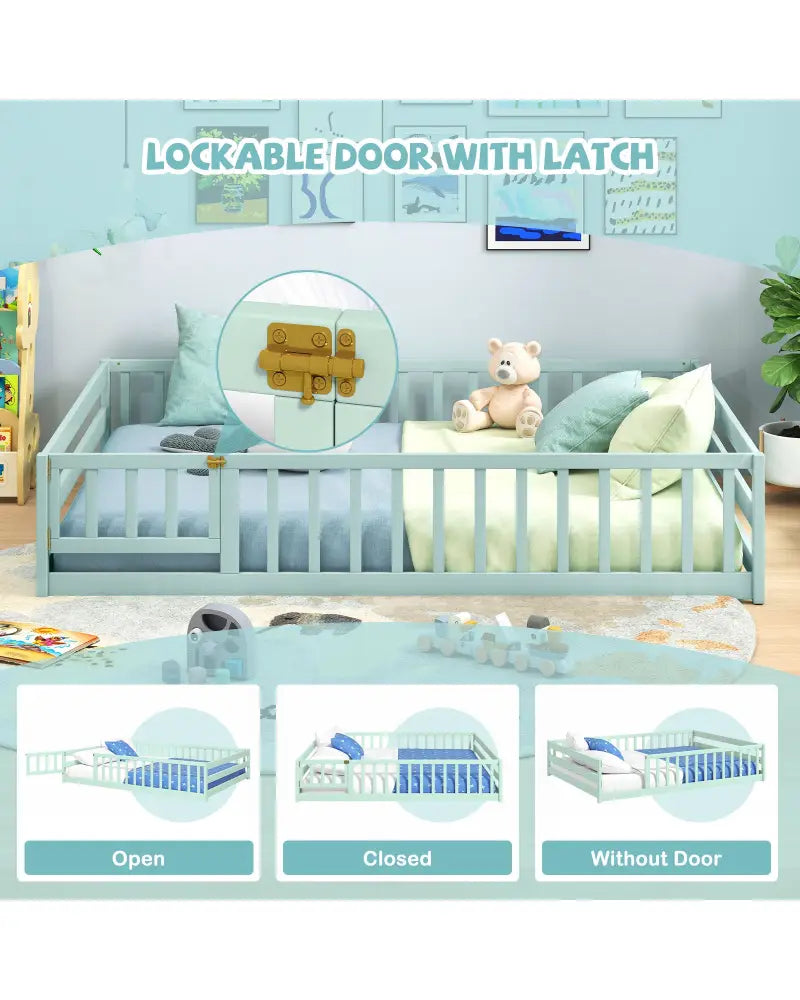 Full Size Floor Bed with Full Length Safety Guardrails-Light Green - Light Green - Toddler Beds