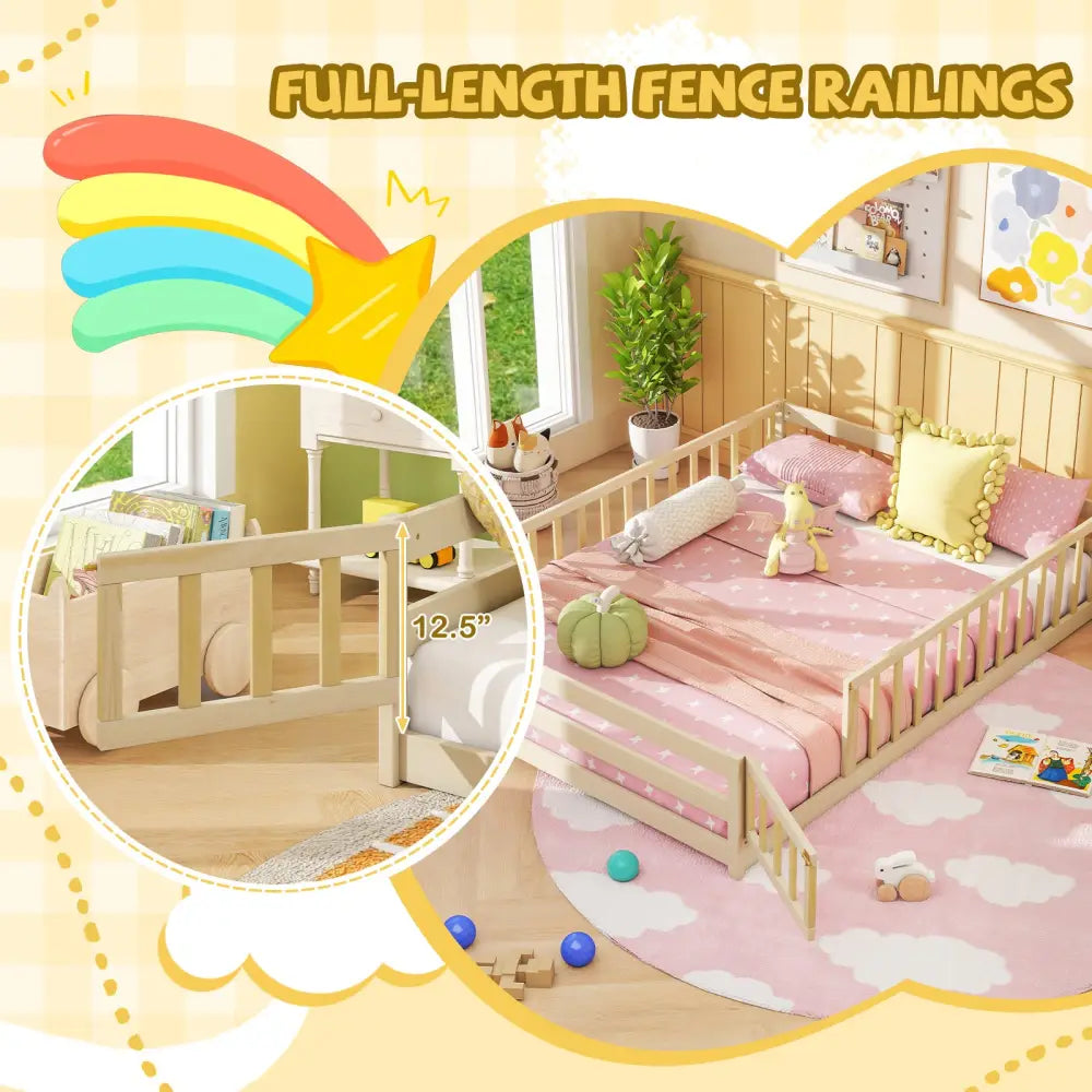 Full Size Floor Bed with Full Length Safety Guardrails-Natural - Natural - Toddler Beds