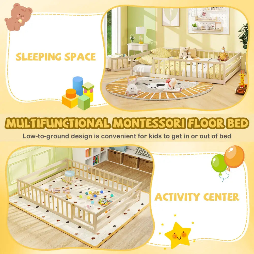 Full Size Floor Bed with Full Length Safety Guardrails-Natural - Natural - Toddler Beds