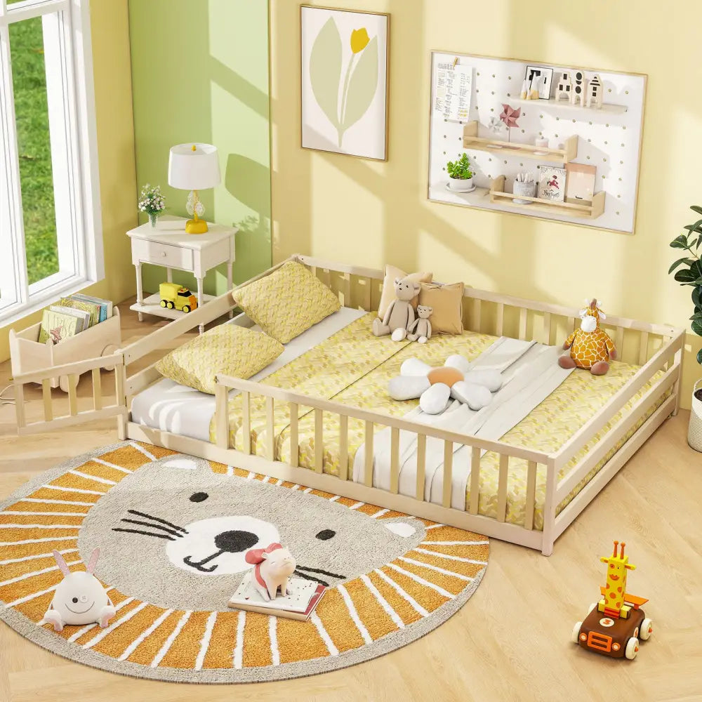 Full Size Floor Bed with Full Length Safety Guardrails-Natural - Natural - Toddler Beds