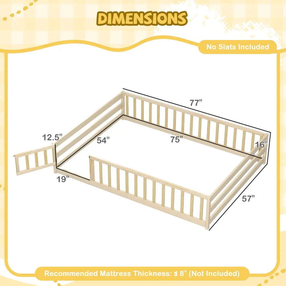 Full Size Floor Bed with Full Length Safety Guardrails-Natural - Natural - Toddler Beds