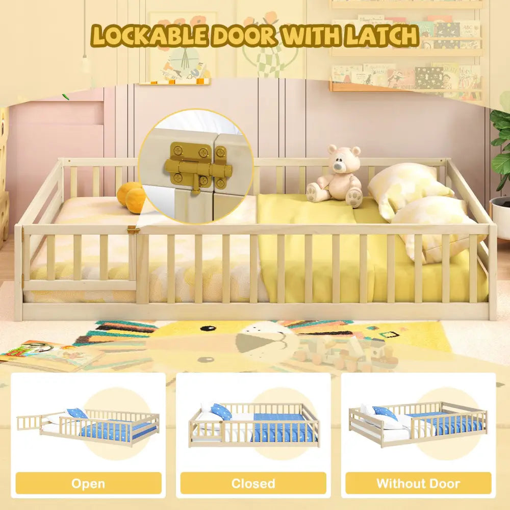 Full Size Floor Bed with Full Length Safety Guardrails-Natural - Natural - Toddler Beds