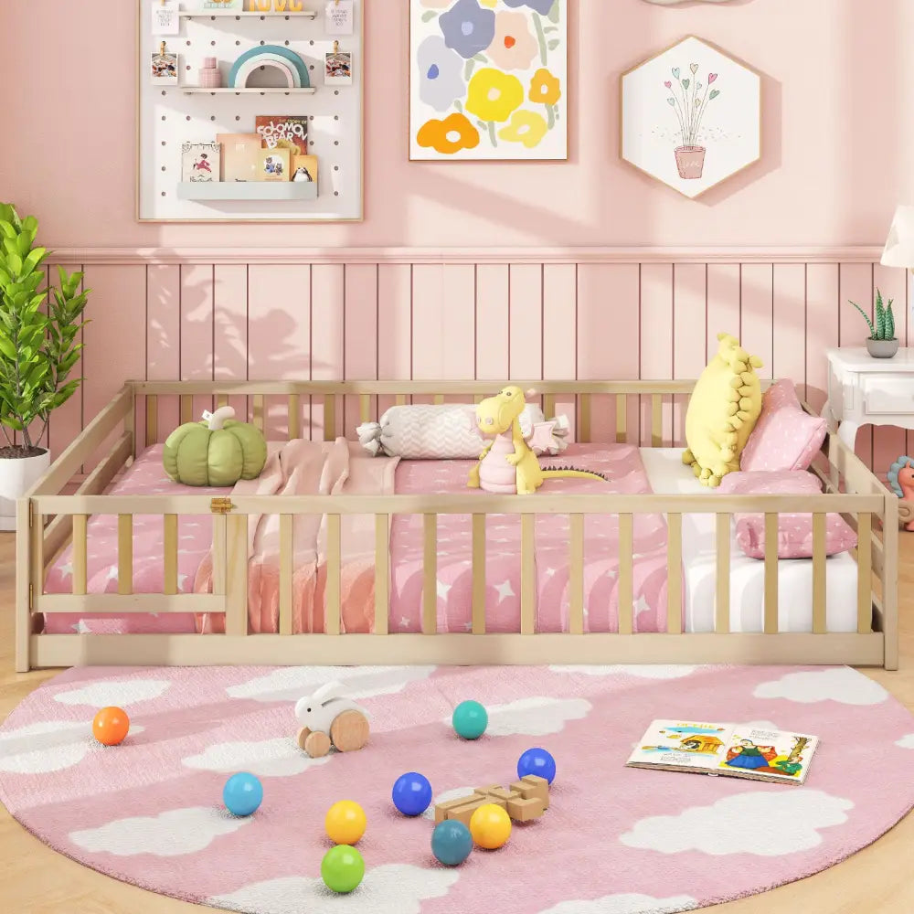 Full Size Floor Bed with Full Length Safety Guardrails-Natural - Natural - Toddler Beds