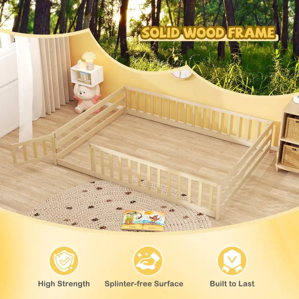 Full Size Floor Bed with Full Length Safety Guardrails-Natural - Natural - Toddler Beds