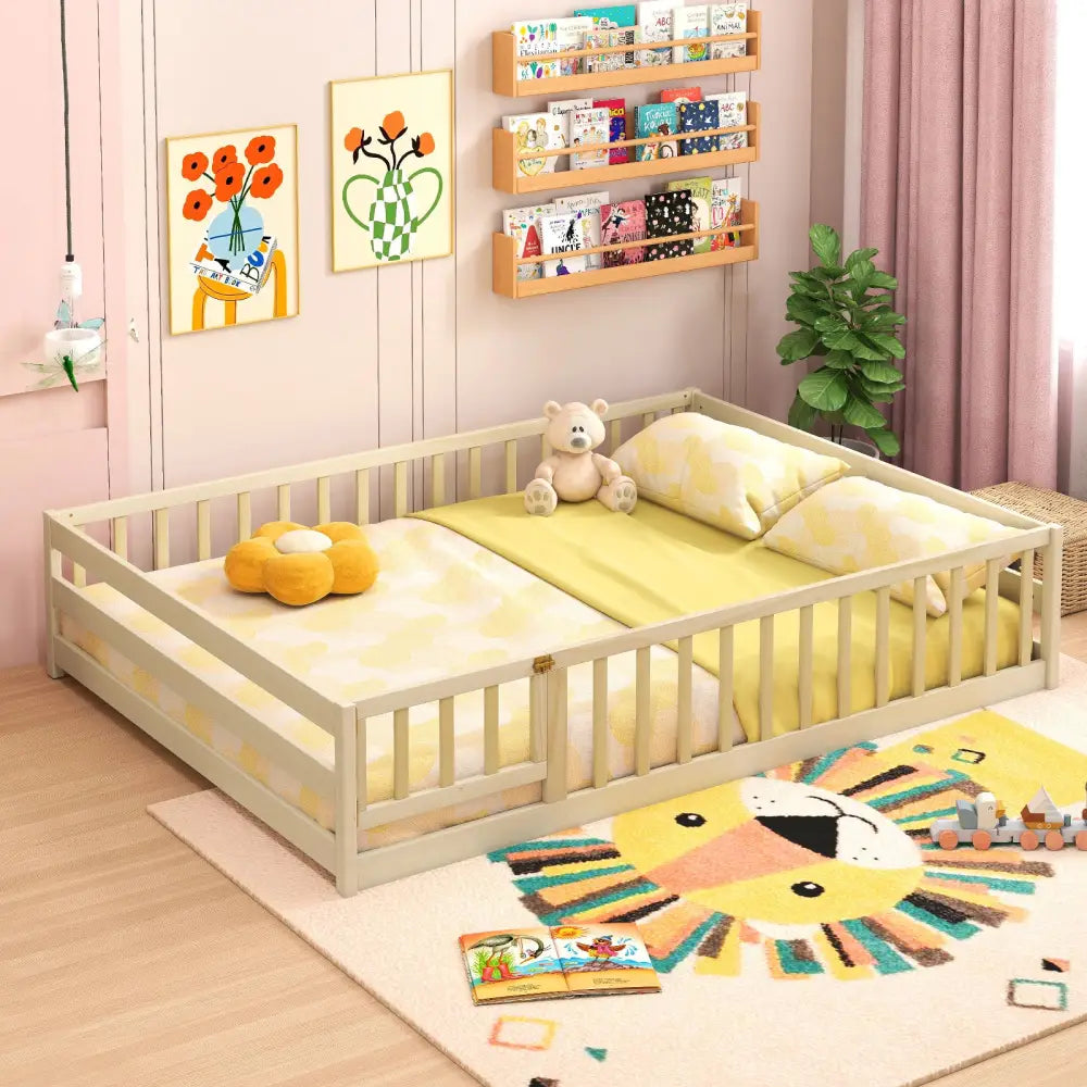 Full Size Floor Bed with Full Length Safety Guardrails-Natural - Natural - Toddler Beds