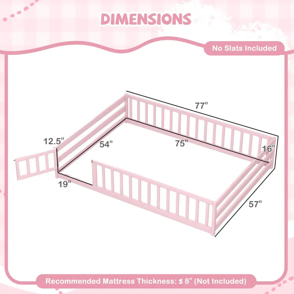 Full Size Floor Bed with Full Length Safety Guardrails-Pink - Pink - Toddler Beds