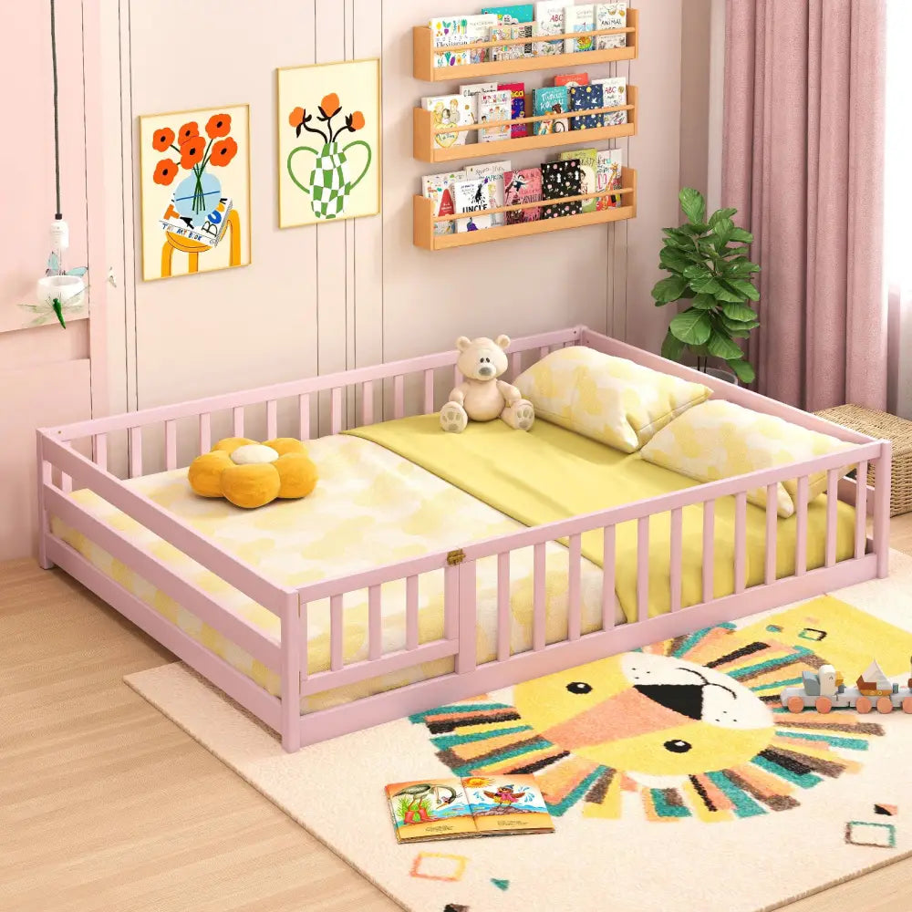 Full Size Floor Bed with Full Length Safety Guardrails-Pink - Pink - Toddler Beds