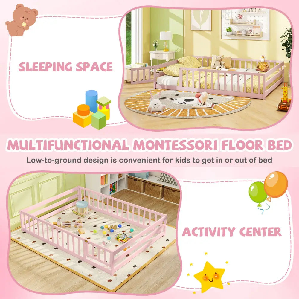 Full Size Floor Bed with Full Length Safety Guardrails-Pink - Pink - Toddler Beds