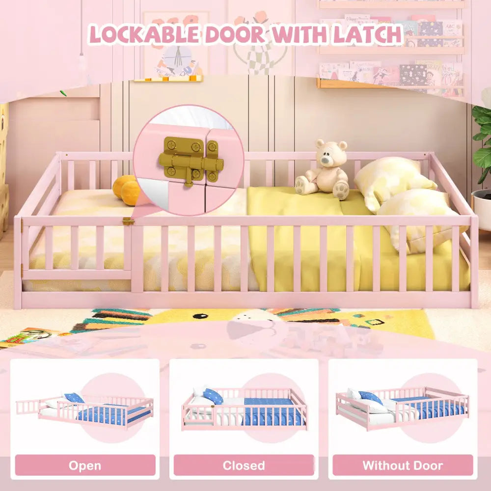 Full Size Floor Bed with Full Length Safety Guardrails-Pink - Pink - Toddler Beds
