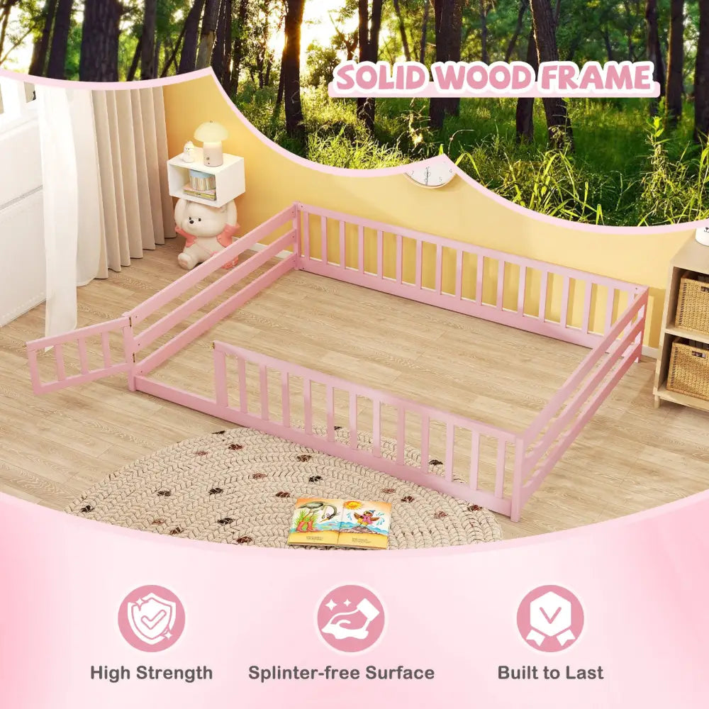 Full Size Floor Bed with Full Length Safety Guardrails-Pink - Pink - Toddler Beds