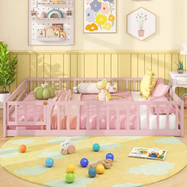 Full Size Floor Bed with Full Length Safety Guardrails-Pink - Pink - Toddler Beds
