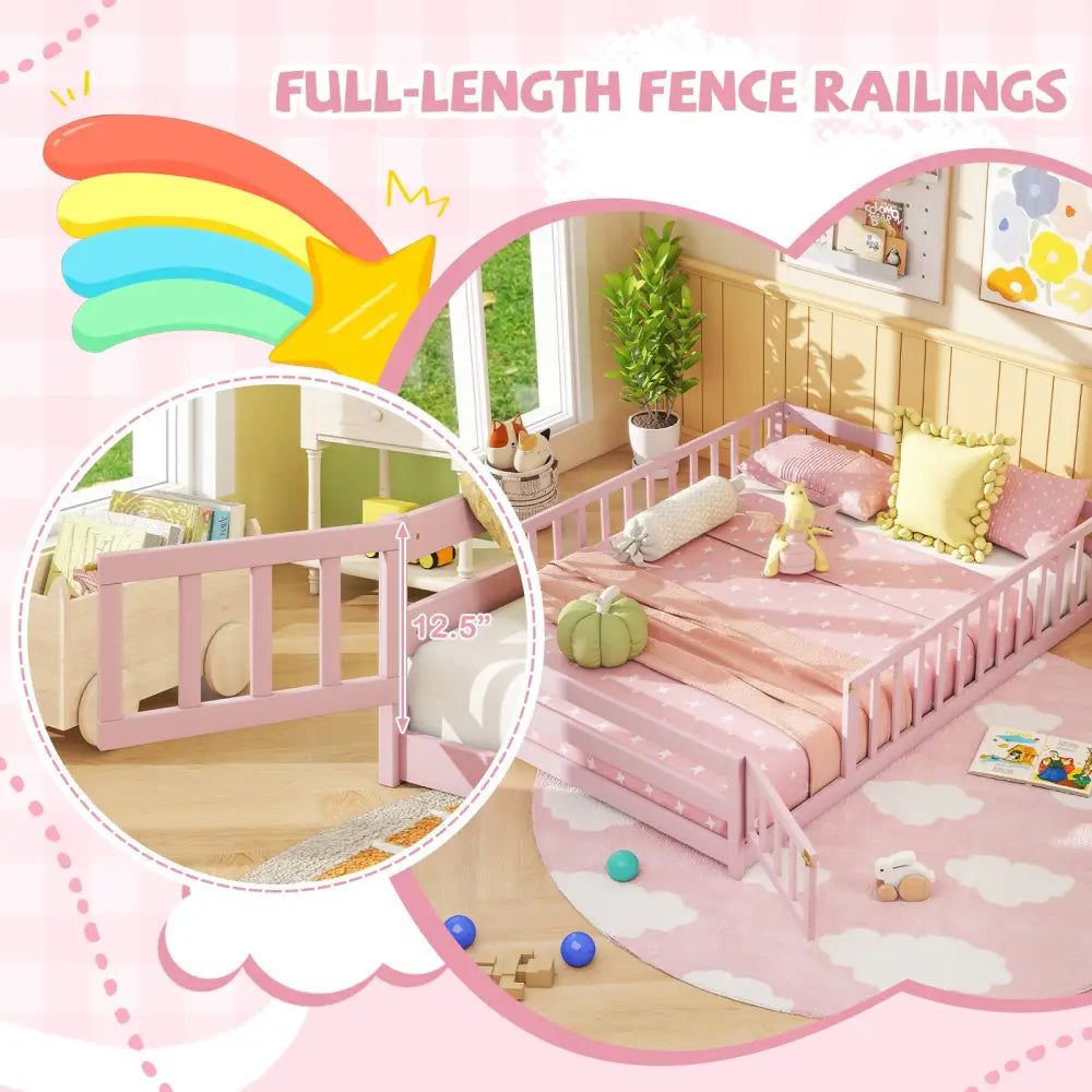 Full Size Floor Bed with Full Length Safety Guardrails-Pink - Pink - Toddler Beds