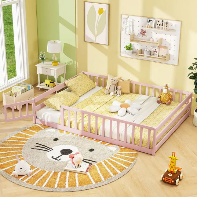 Full Size Floor Bed with Full Length Safety Guardrails-Pink - Pink - Toddler Beds