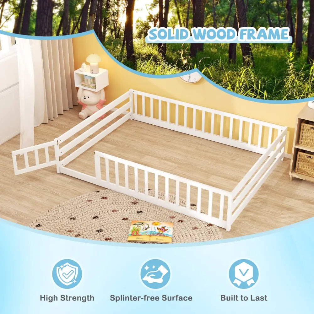 Full Size Floor Bed with Full Length Safety Guardrails-White - White - Toddler Beds