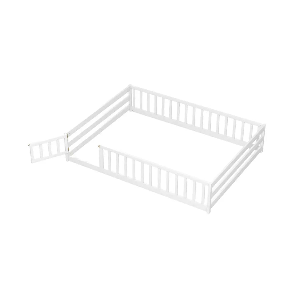 Full Size Floor Bed with Full Length Safety Guardrails-White - White - Toddler Beds