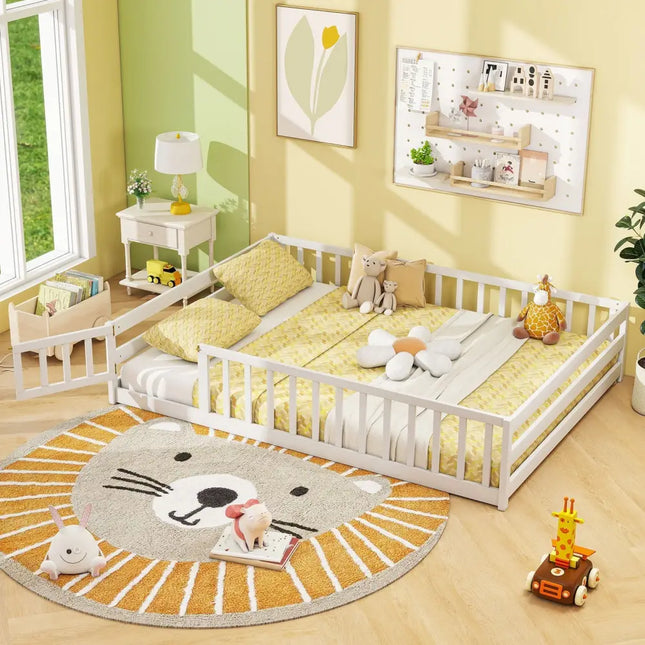 Full Size Floor Bed with Full Length Safety Guardrails-White - White - Toddler Beds