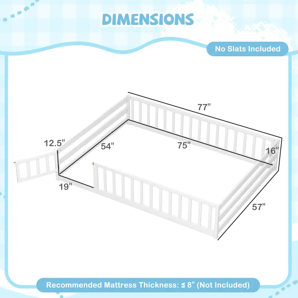 Full Size Floor Bed with Full Length Safety Guardrails-White - White - Toddler Beds