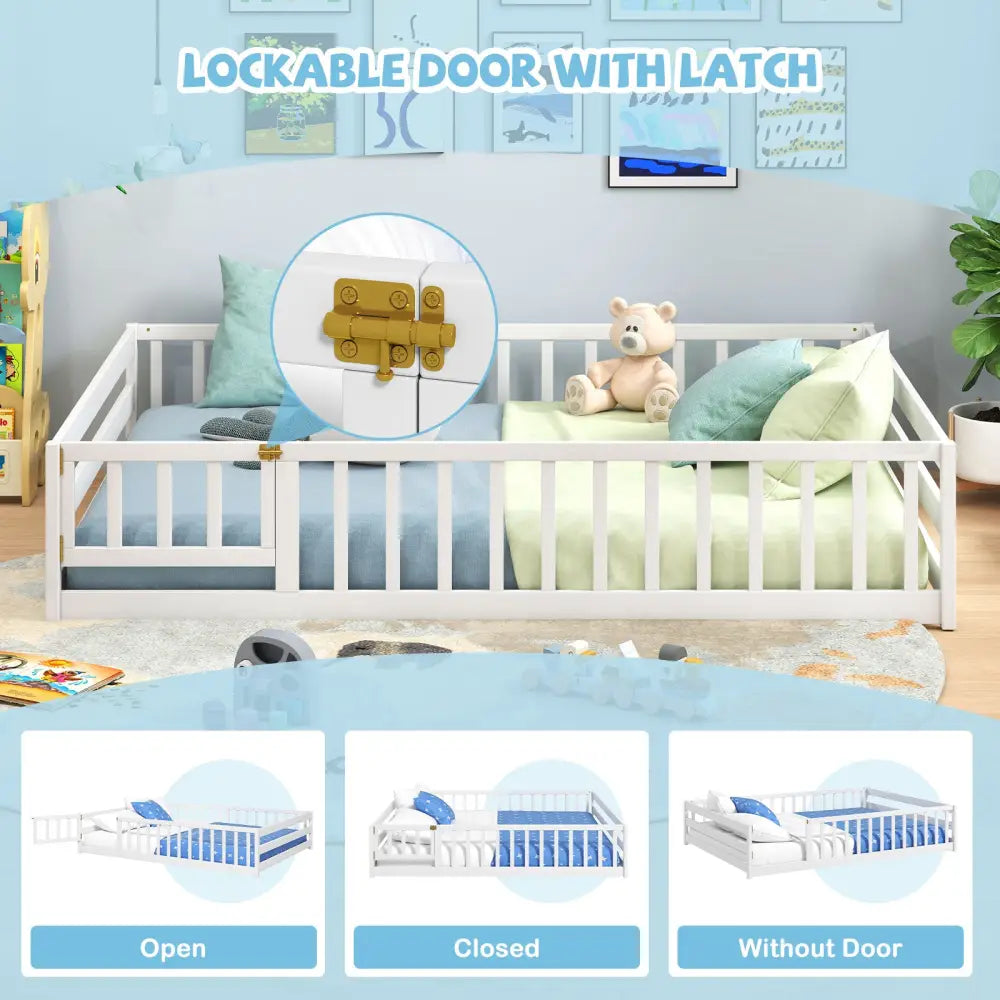 Full Size Floor Bed with Full Length Safety Guardrails-White - White - Toddler Beds